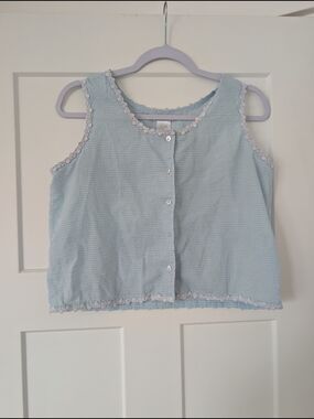 Light Blue Sleeveless Button-Front Top with Lace Trim Size Small